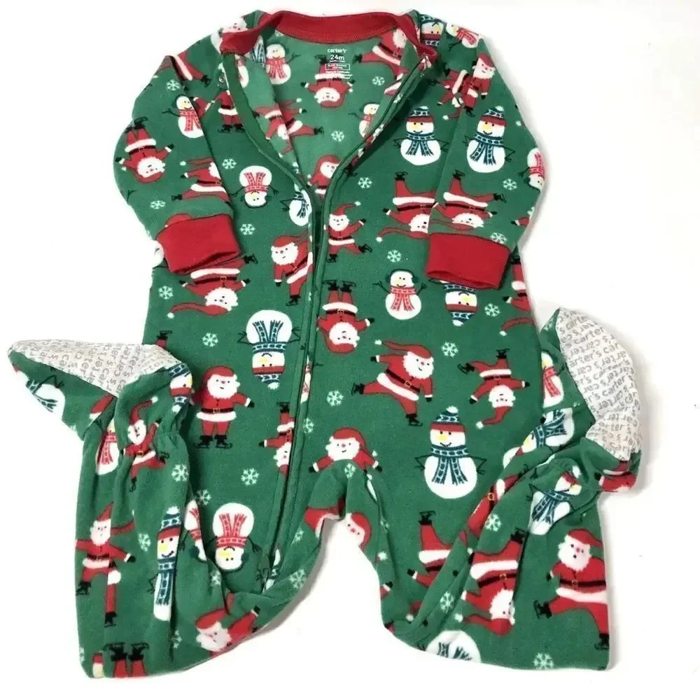 Carter's Snowman Santa Christmas Fleece Footed Pajama Zip Up 24M Unisex Boys PJS